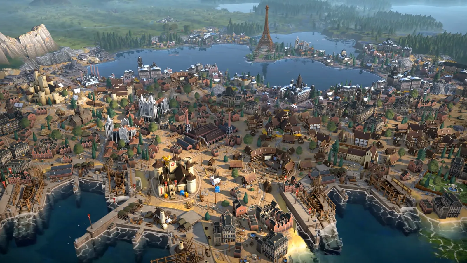 Humankind 2 gameplay overview showing a coastal industrial metropolis with the Eiffel Tower and stone aqueducts