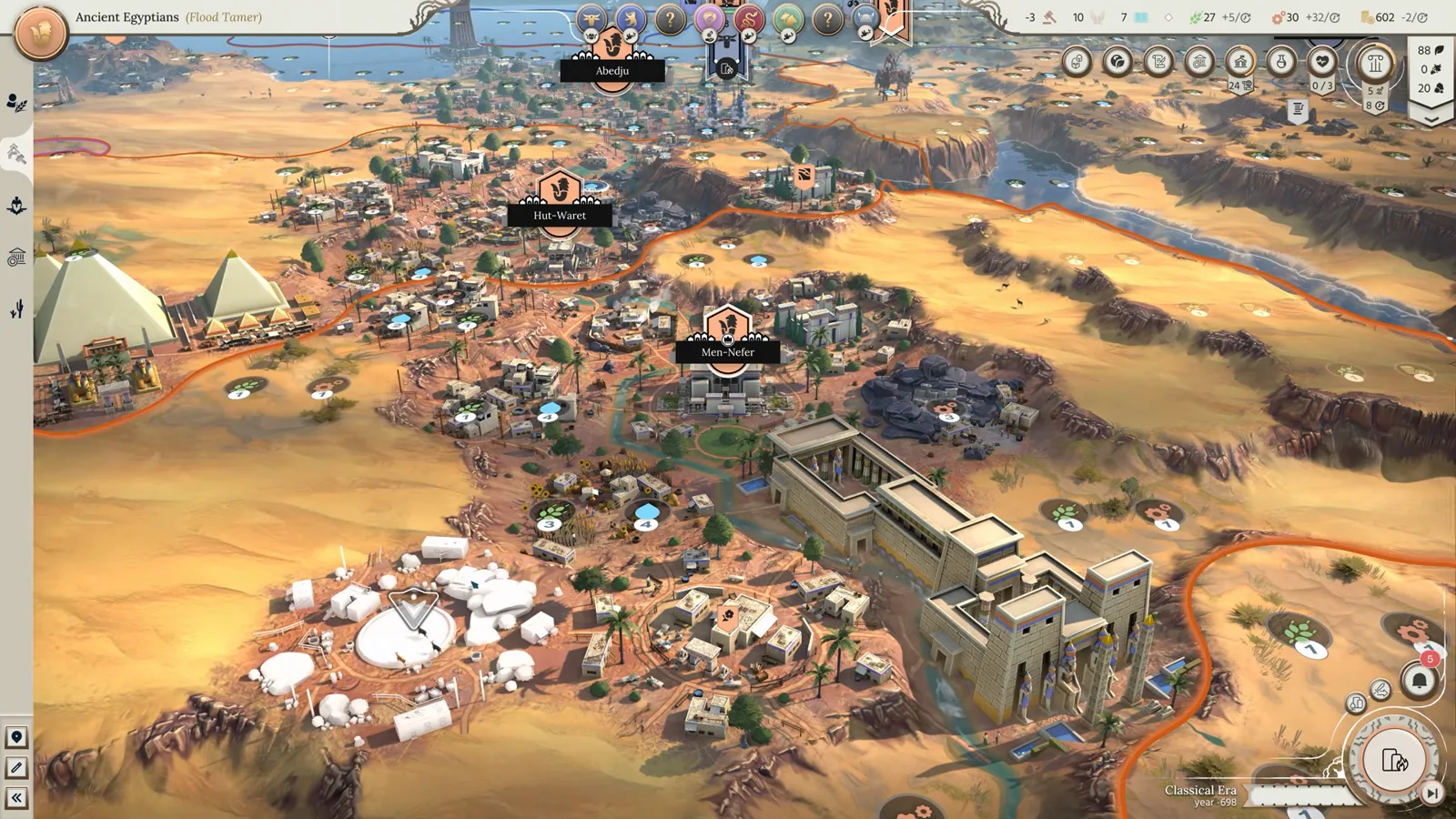 Humankind 2 Customs radial selection menu showing River Transport, Hieroglyphics, and Priestly Class