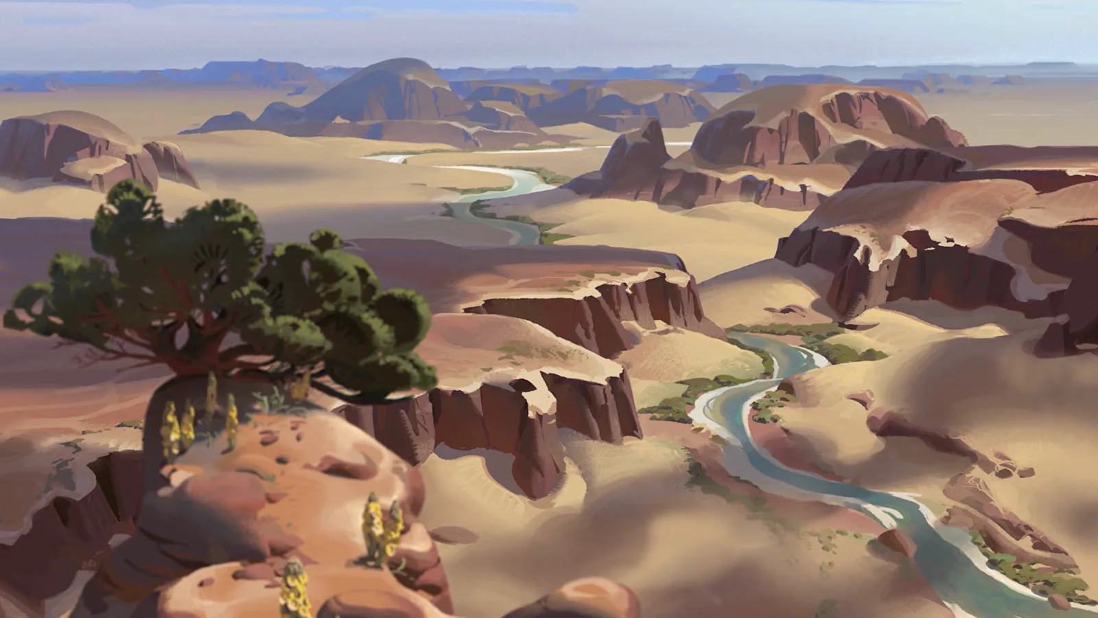 Humankind 2 First Steps tutorial valley showing hex grid movement, river terrain, and unit banners