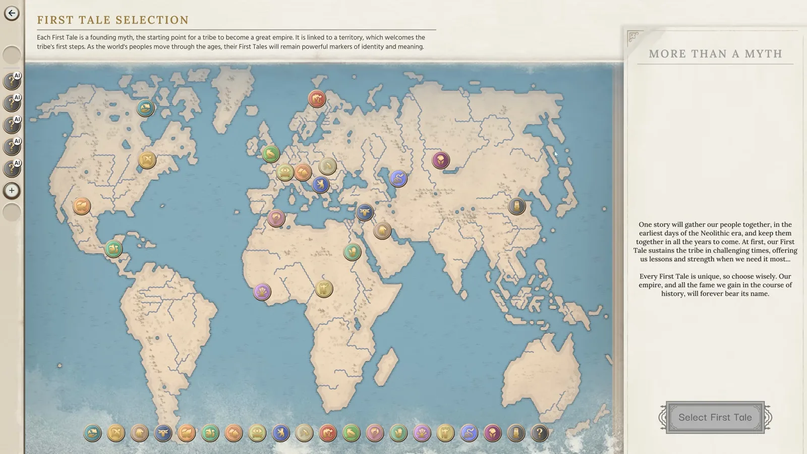 Humankind 2 First Tale selection map showing Wild Twins and Flood Tamer starting myths across Europe and North Africa