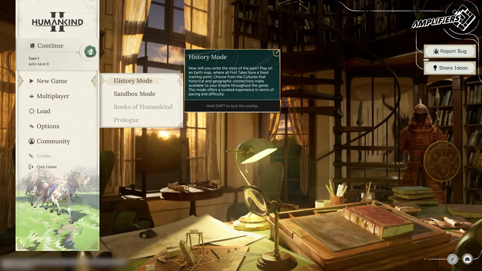 Humankind 2 main menu showing Historical Mode and Sandbox Mode selection