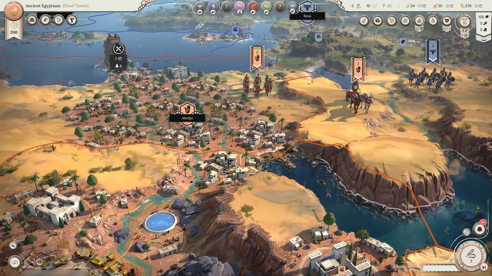 Humankind 2 river confluence city districts with suspension bridges and terraced cliffs