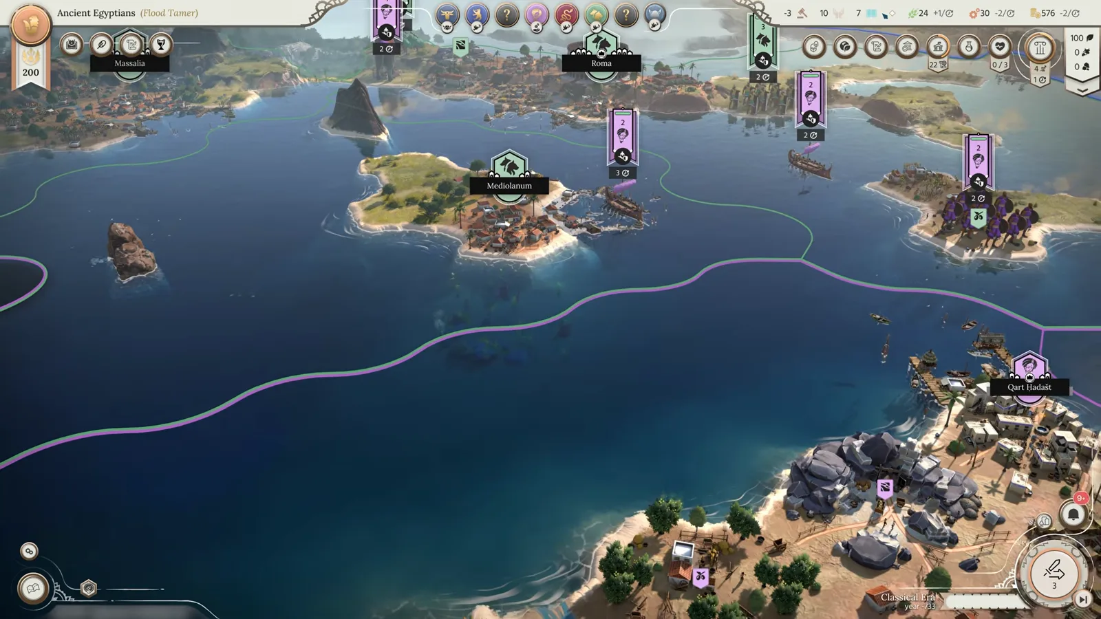 Humankind 2 Mediterranean sea lanes with purple borders and naval trade ships between Rome and Carthage