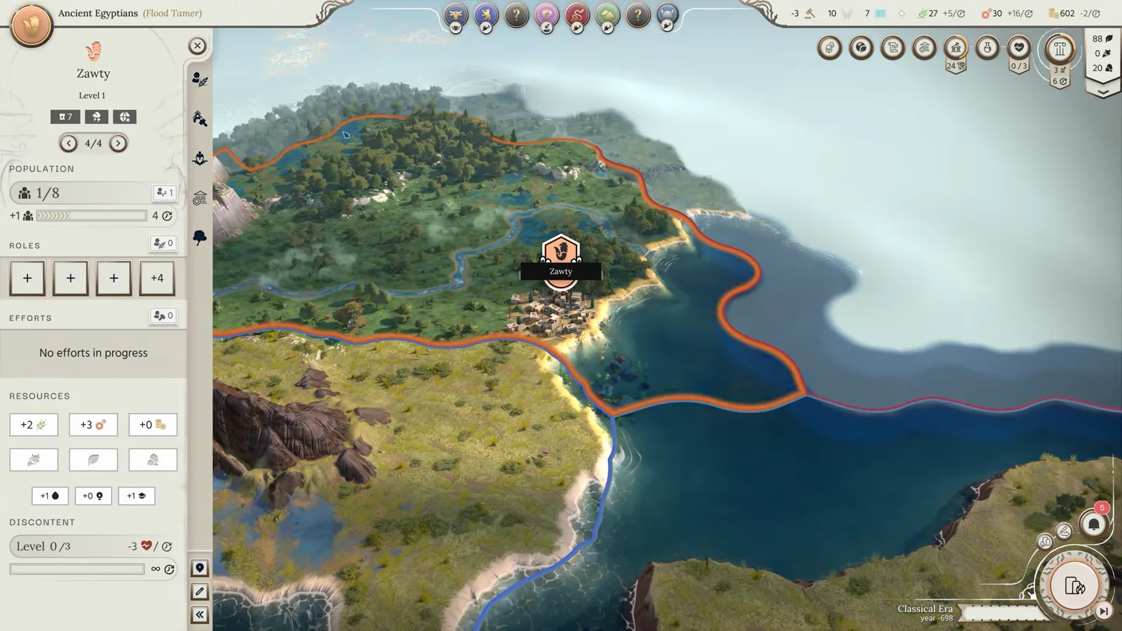 Humankind 2 Standard Bearer and spearmen unit panel defending cliffside settlement during Persian border war