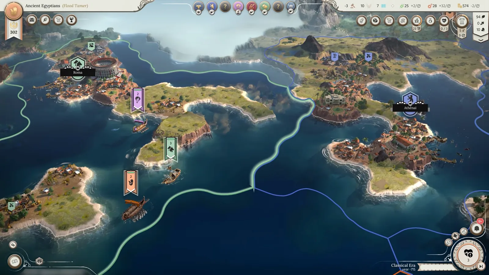 Carthaginian archipelago in Humankind 2 Era II with maritime trade lanes and naval control between island chains