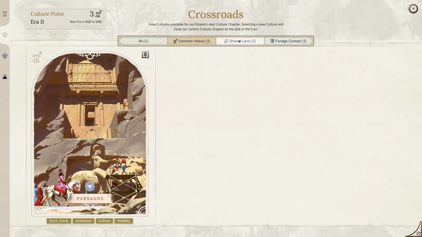 Humankind 2 Era II Crossroads with Parsaans card beside Egyptian, Roman, and Carthaginian culture paths