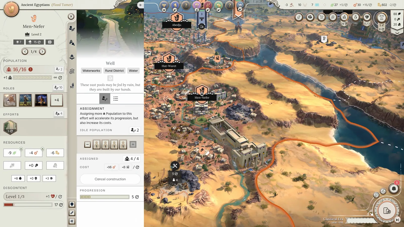 Men-Nefer Egyptian city in Humankind 2 with 16/10 population, Food and Gold yields, and monument queue