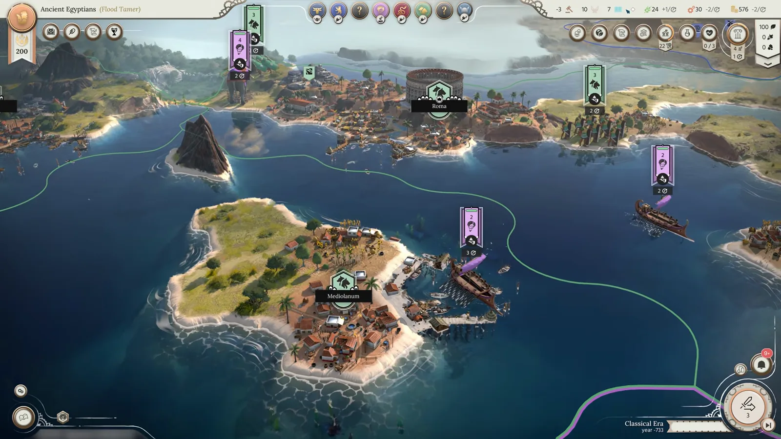 Humankind 2 Classical Era Roman-style coastal island metropolis with naval fleet dominating the Mediterranean basin