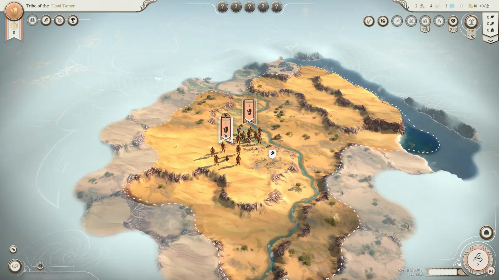 Humankind-2-Turn-1-Niltal-Hexkarte mit Stamm, Kundschaftern, Siedlern und Gründungswahl
