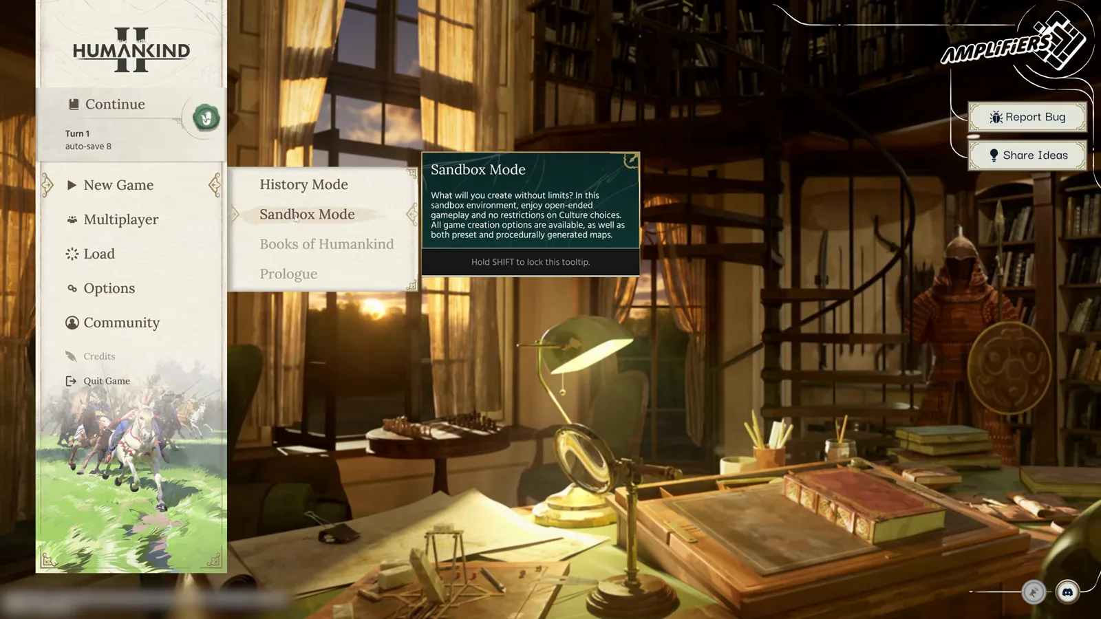 Humankind-2-Hauptmenü-Untermenü mit Geschichtsmodus, Sandbox, Books of Humankind und Prologue