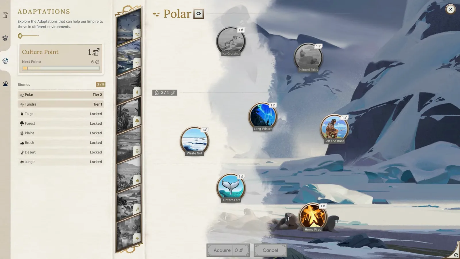Humankind 2 Polar biome adaptation tree showing Ice Crossing and Long Winter unlock nodes