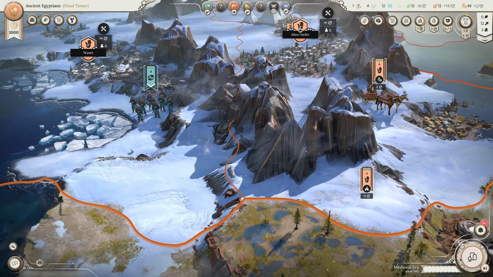 Humankind 2 polar mountain outpost hex with snow tiles and foothill settlement marker